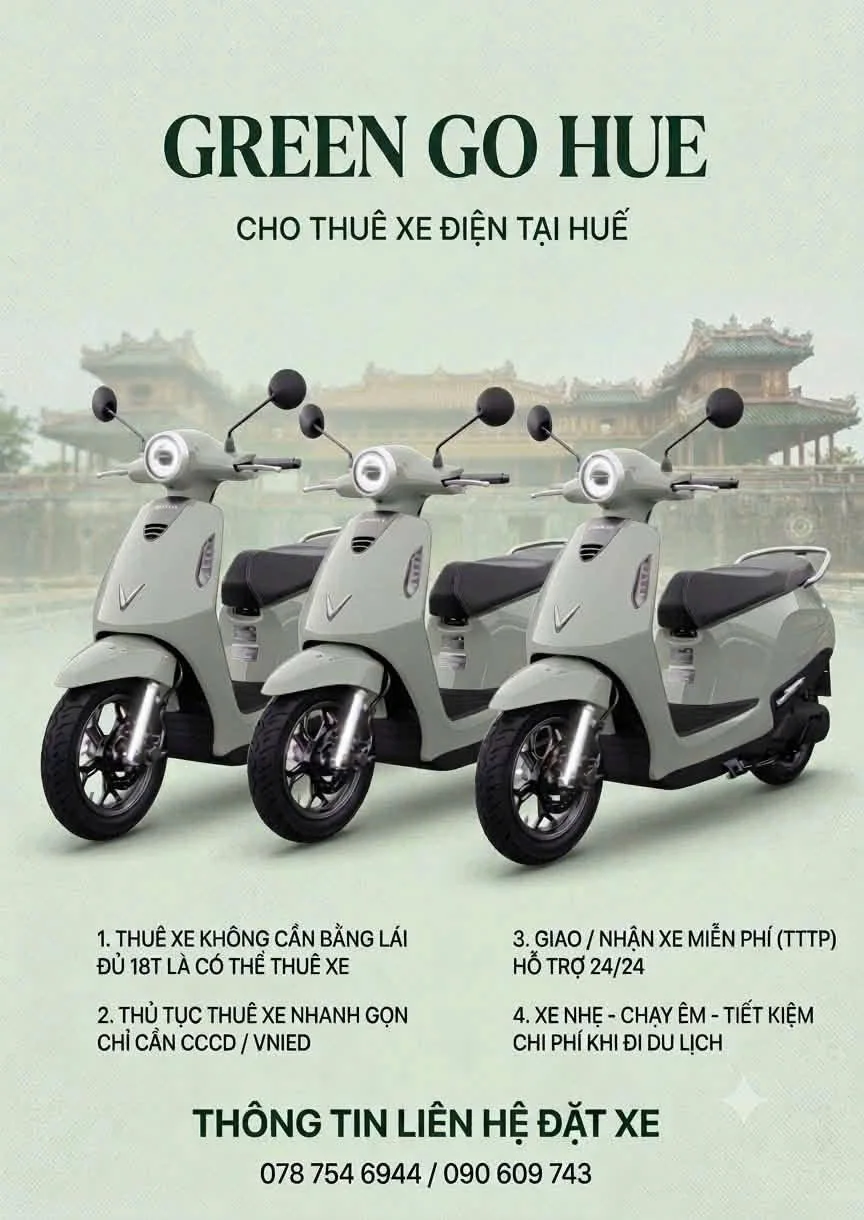 Green Go Hue cho thuê xe máy điện tại Huế: không cần bằng lái, chỉ cần CCCD/VNeID, giao nhận xe miễn phí trong trung tâm thành phố, hỗ trợ 24/24