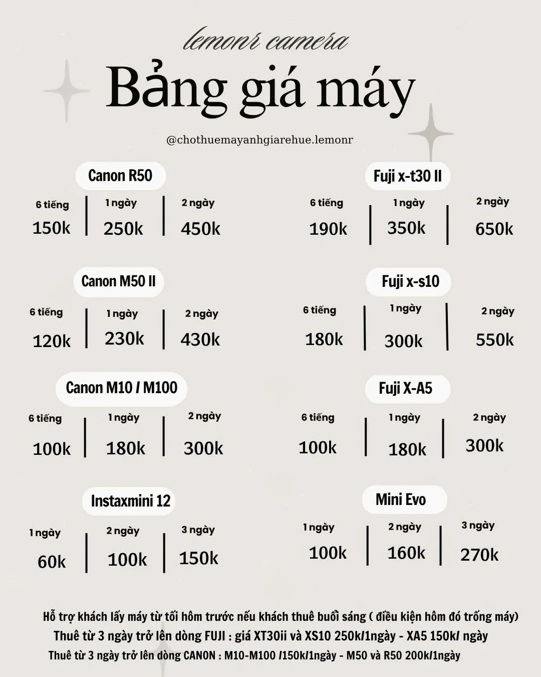 Bảng giá thuê máy ảnh Lemonr Camera theo 6 tiếng, 1 ngày, 2 ngày và giá thuê từ 3 ngày